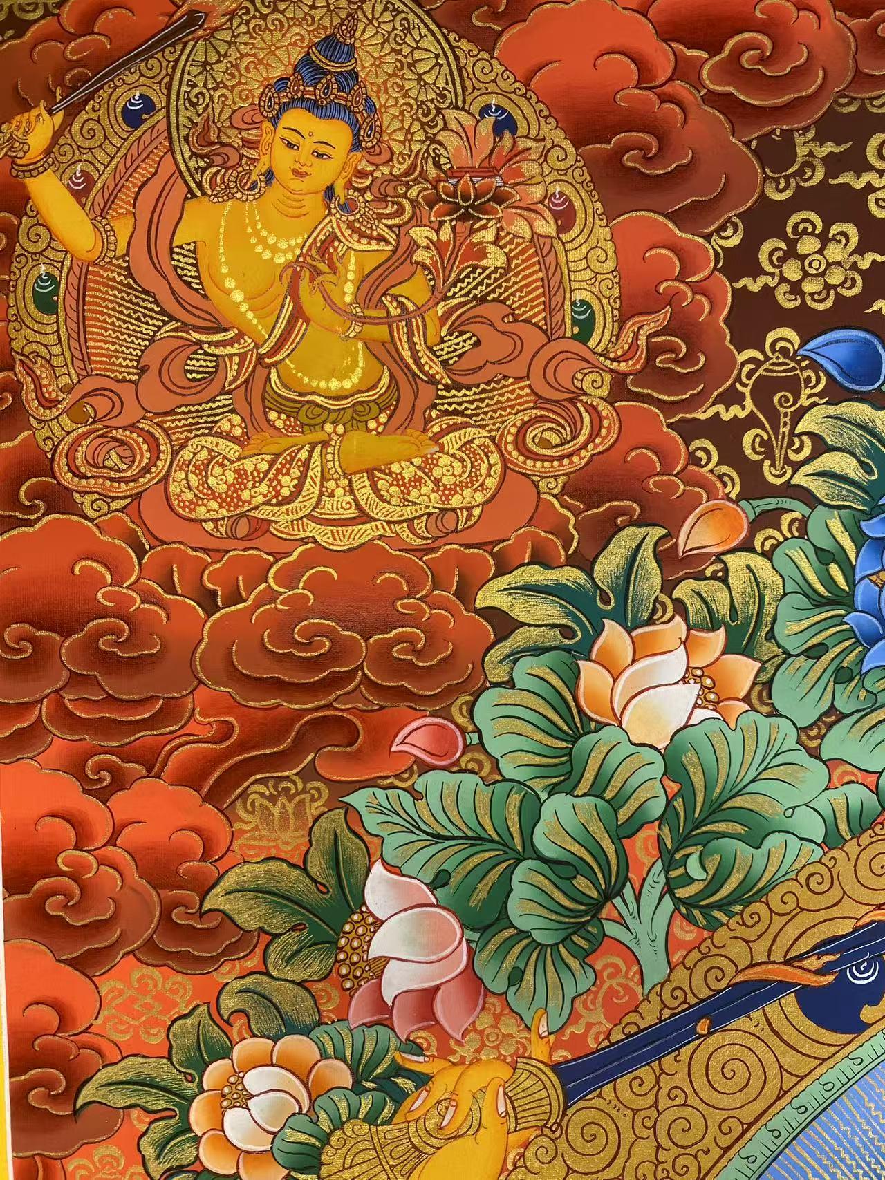 Purely handcrafted Tibetan Four-Armed Avalokiteshvara and Manjushri Thangka painting on high-quality Thangka canvas, showcasing traditional Tibetan art