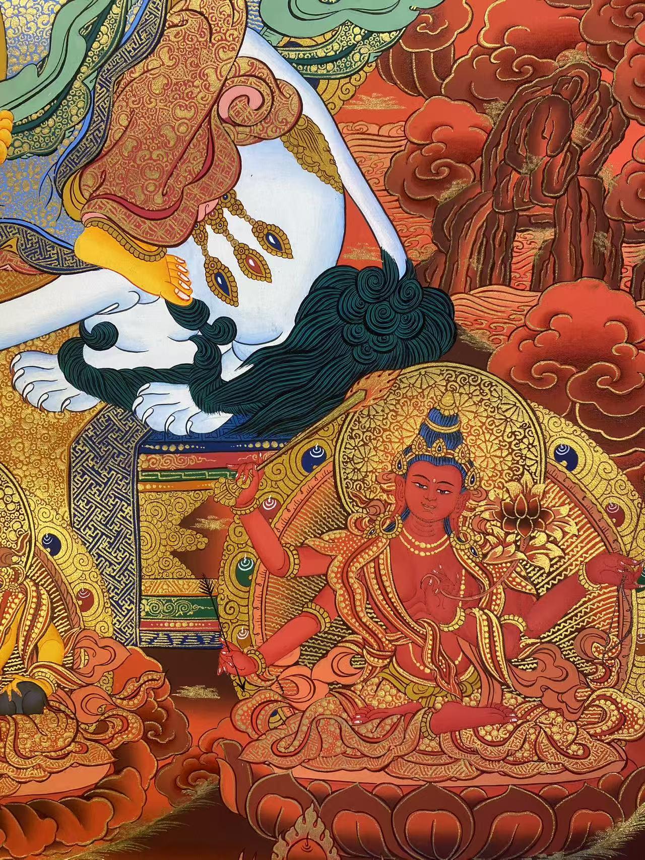 Exquisite Tibetan Four-Armed Avalokiteshvara and Manjushri Thangka painting, handmade with pure mineral pigments on traditional Thangka canvas