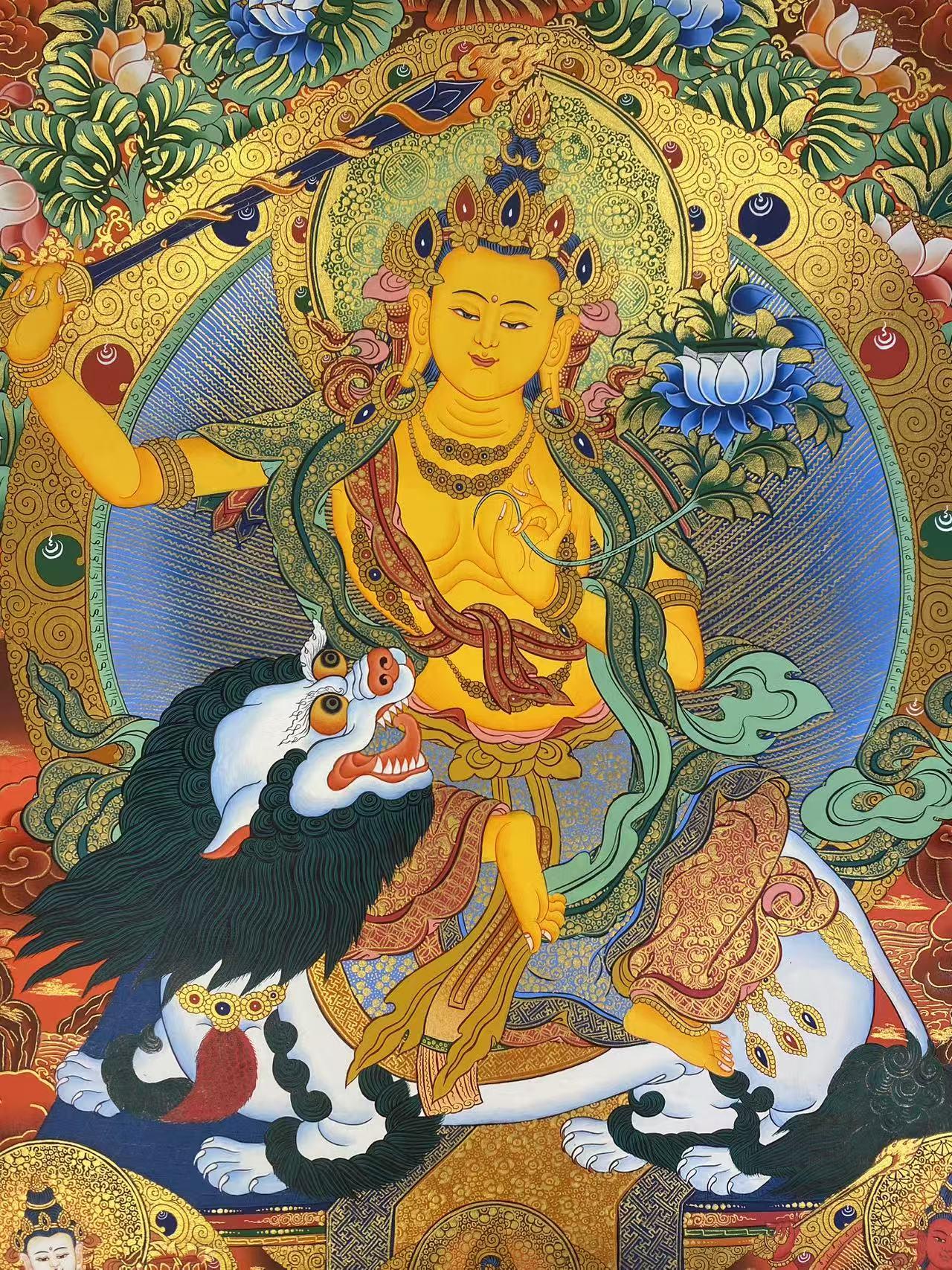 Handcrafted Four-Armed Avalokiteshvara and Manjushri Thangka, featuring vibrant mineral pigments and traditional Tibetan Thangka techniques