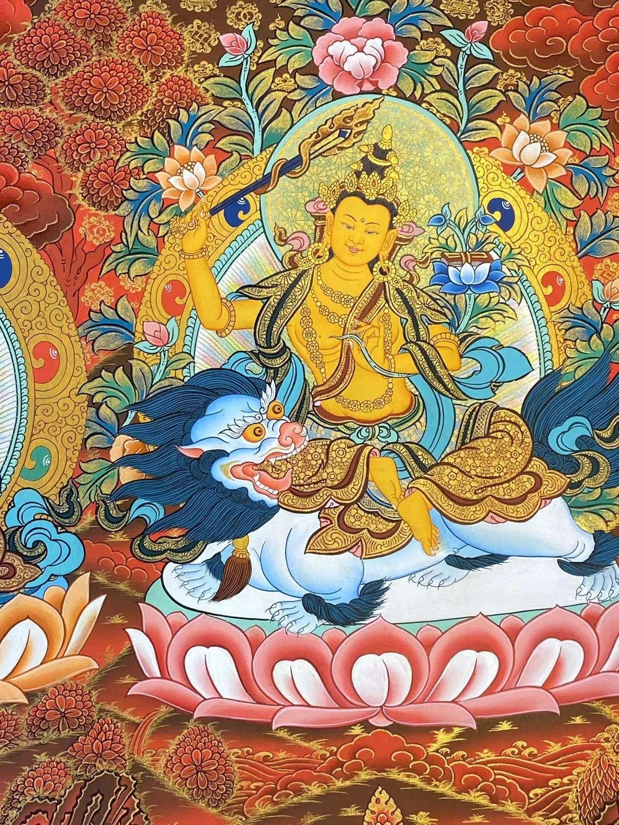 Traditional hand-painted Manjushri Bodhisattva Thangka painting, showcasing intricate Tibetan Buddhist artistry on Thangka canvas.