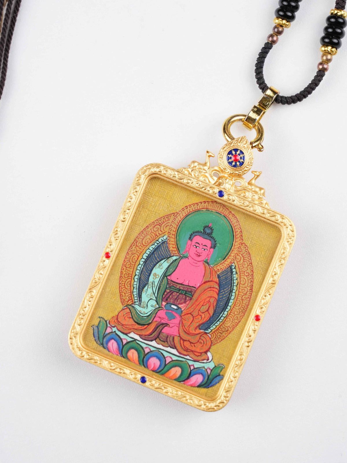 Amitabha Buddha Thangka Painting – Zodiac Guardian Pendant – Handcrafted Tibetan Art on Canvas – 4x5cm