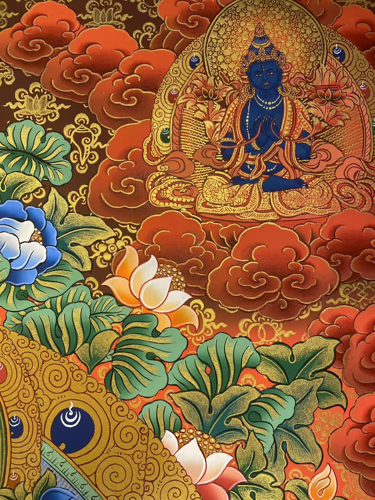 Hand-painted Four-Armed Avalokiteshvara and Manjushri Thangka, a traditional Tibetan art piece made with mineral pigments on Thangka canvas