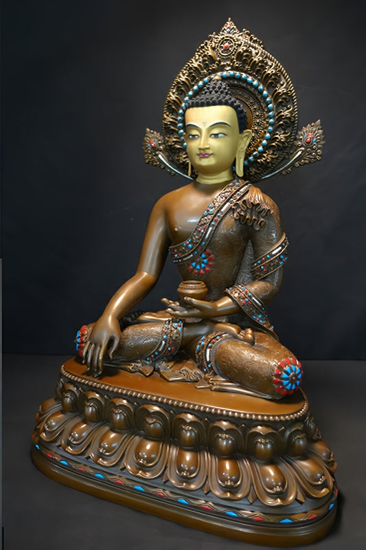 Handcrafted Shakyamuni Buddha brass statue featuring intricate Tibetan Buddhist designs and colorful mineral paint.
