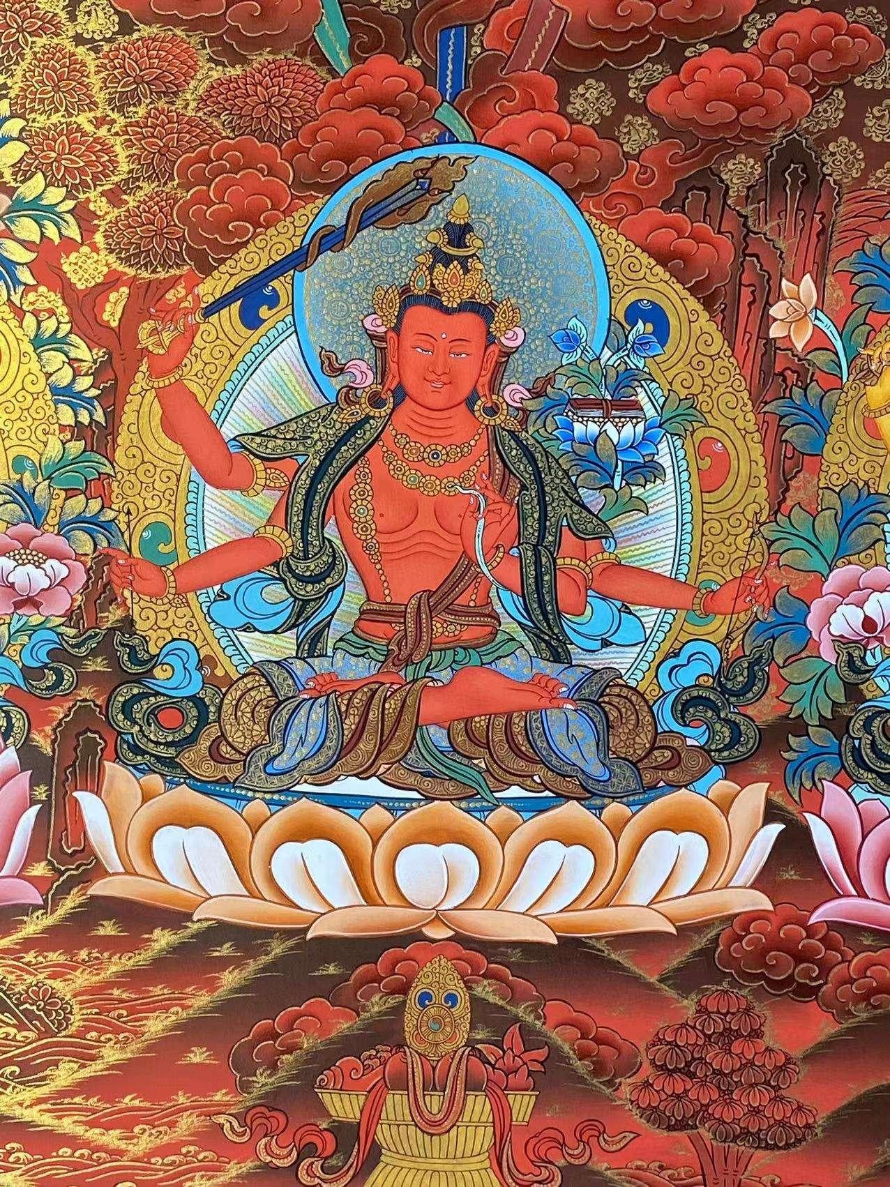 Manjushri Bodhisattva Thangka painting, handcrafted using mineral pigments, traditional Tibetan art on Thangka canvas.