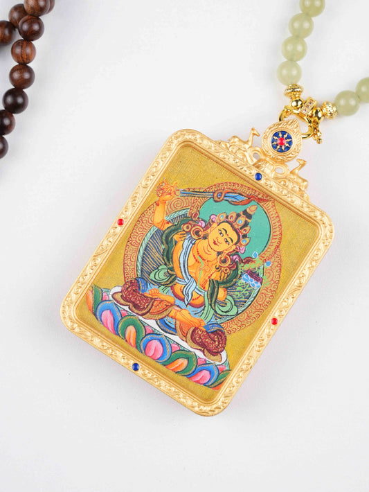 Rectangular Manjushri Thangka necklace with mineral pigments and gold