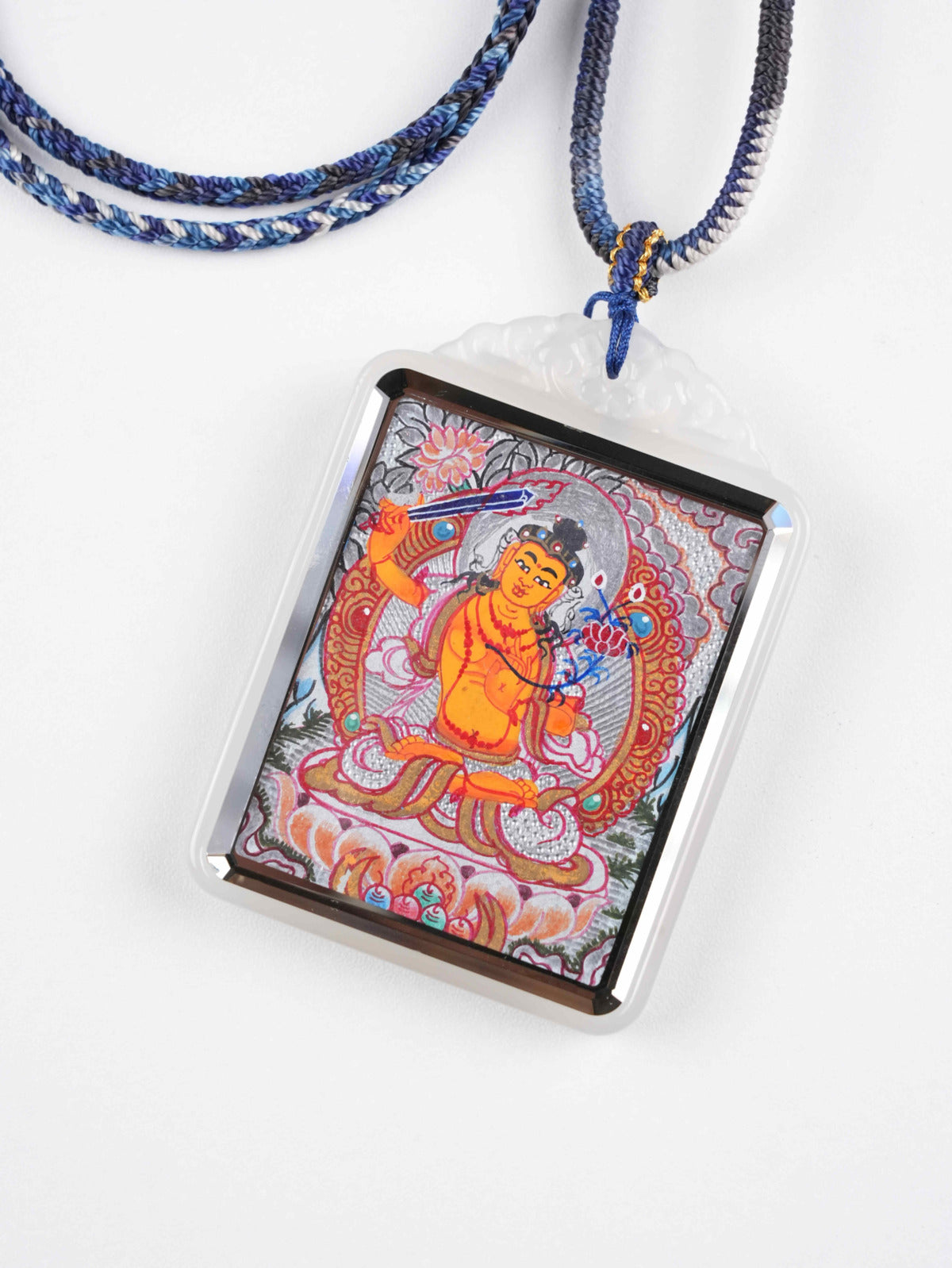 Tibetan Thangka of Manjushri Bodhisattva – Zodiac Protector Pendant – Handcrafted with Mineral Pigments – 4x5cm