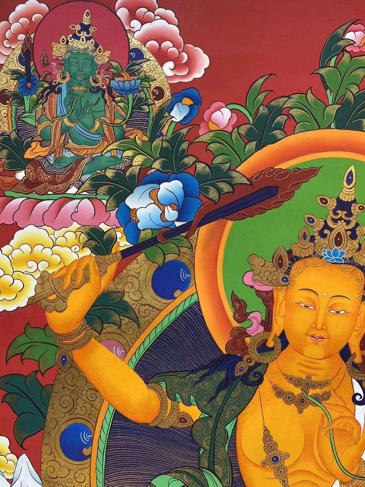 Handmade tibetan-buddhist Manjushri Tibetan thangka painting on canvas, crafted with mineral pigments and fine detail