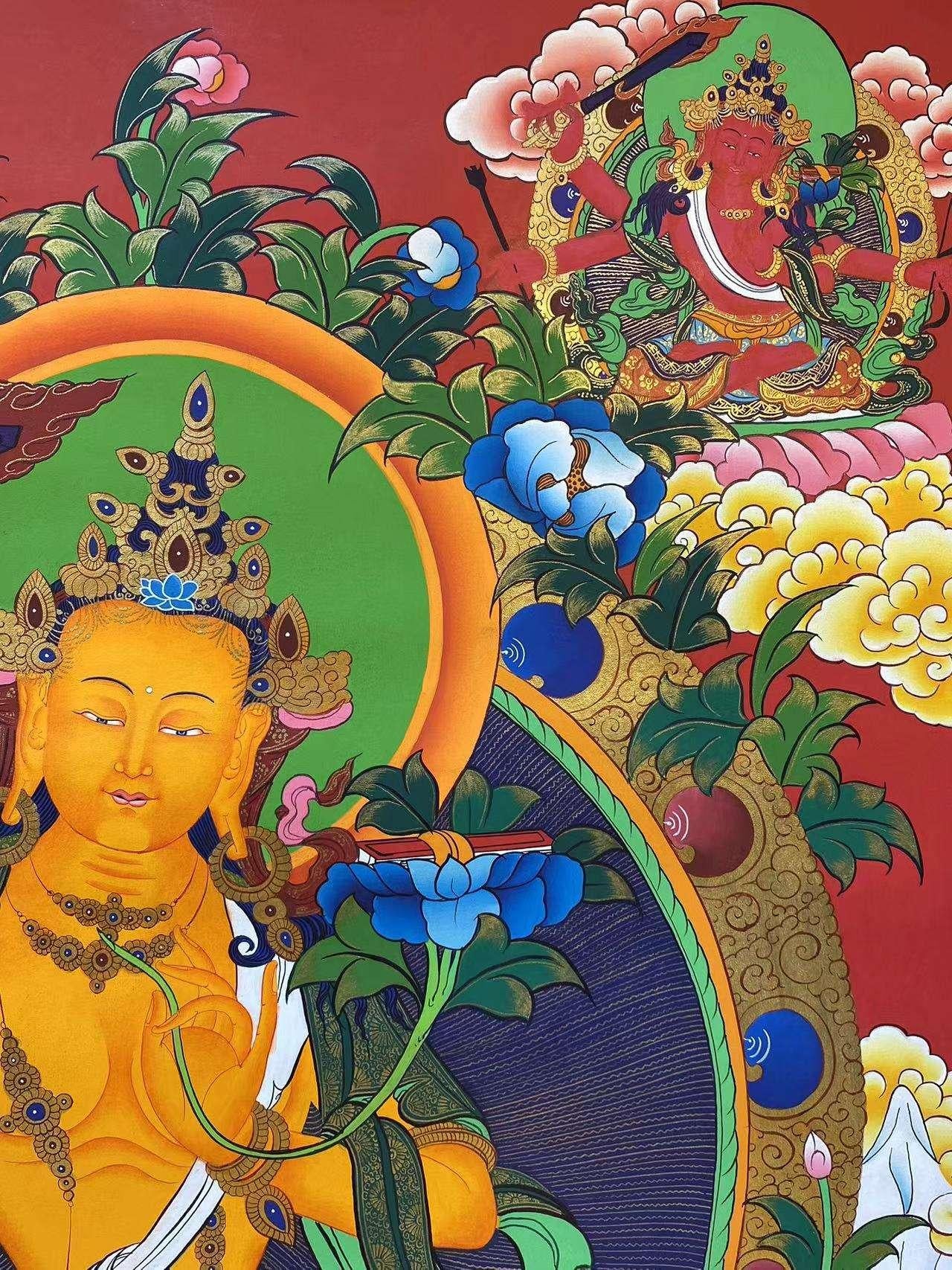 Sacred tibetan-buddhist Manjushri Tibetan thangka painting, hand painted canvas artwork using mineral pigments
