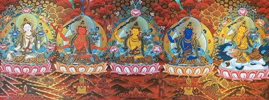 Traditional Tibetan Manjushri Bodhisattva Thangka painting, created with mineral colors and hand-painted on Thangka canvas.