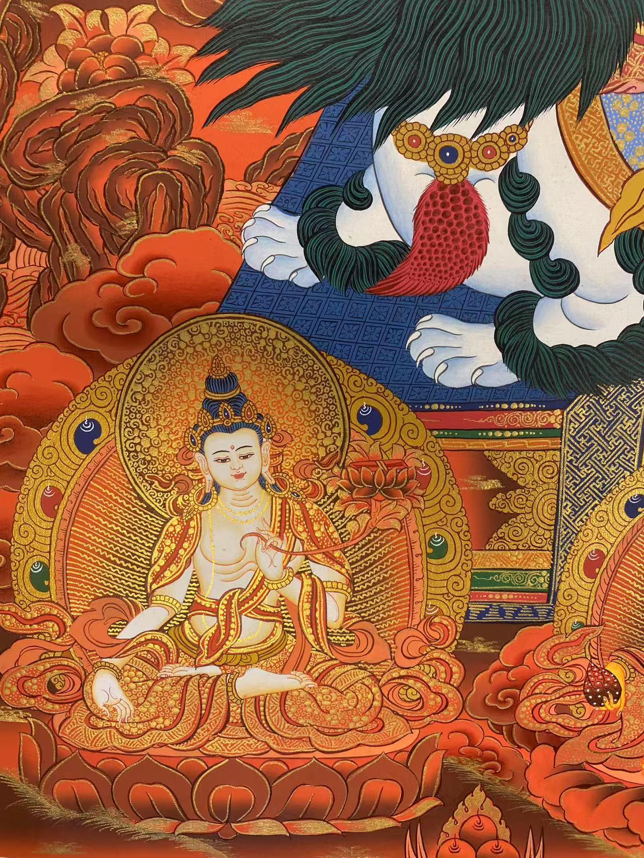 Spiritual Four-Armed Avalokiteshvara and Manjushri Thangka, handcrafted on Tibetan Thangka canvas with pure mineral pigments, offering wisdom and compassion