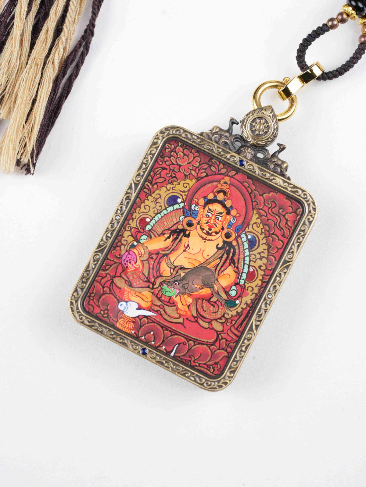 Tibetan Thangka of Yellow Dzambhala – Zodiac Protector Pendant – Handcrafted with Mineral Pigments – 4x5cm