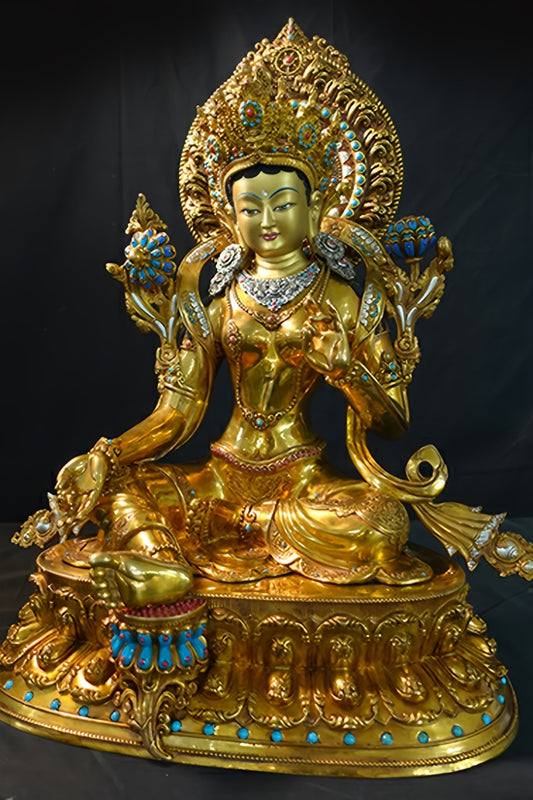 Tibetan-buddhist Green Tara copper statue gilded with silver, Buddha Statue-Art hand-painted sculpture for altar or practice space