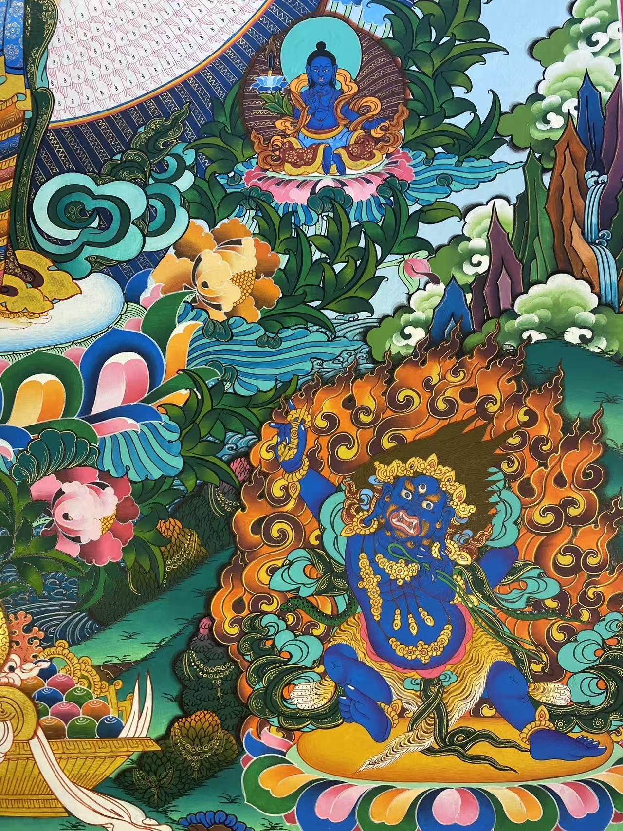 Pure hand-drawn Tibetan Buddhist thousand-hand Guanyin thangka painting on canvas, intricate details, traditional technique.