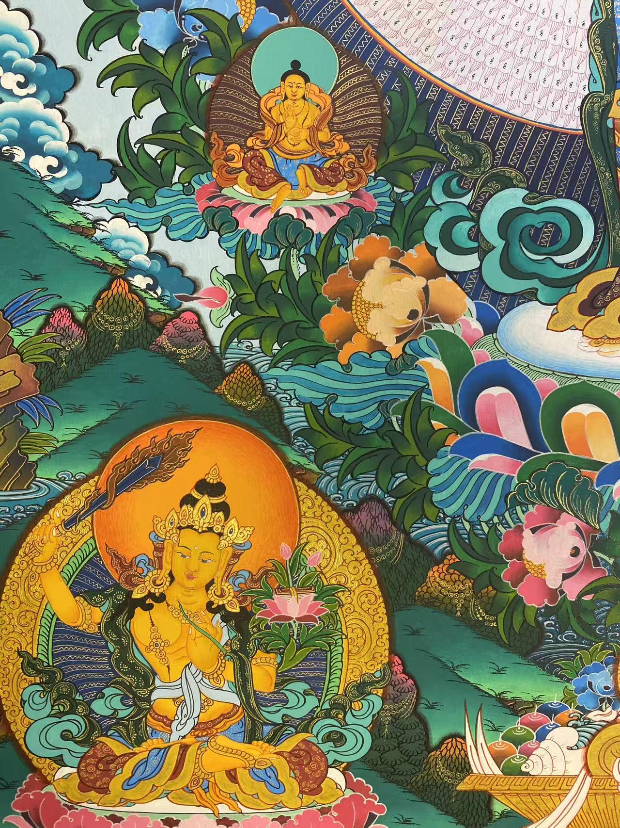 Sacred Tibetan Buddhist thousand arms Guanyin thangka painting on canvas, featuring mineral pigments and handmade artistry.