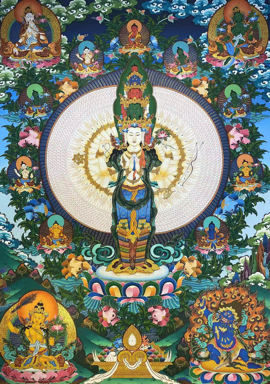 Tibetan Buddhist thousand-arm Guanyin thangka artwork, hand-painted on canvas, featuring divine imagery and fine details.