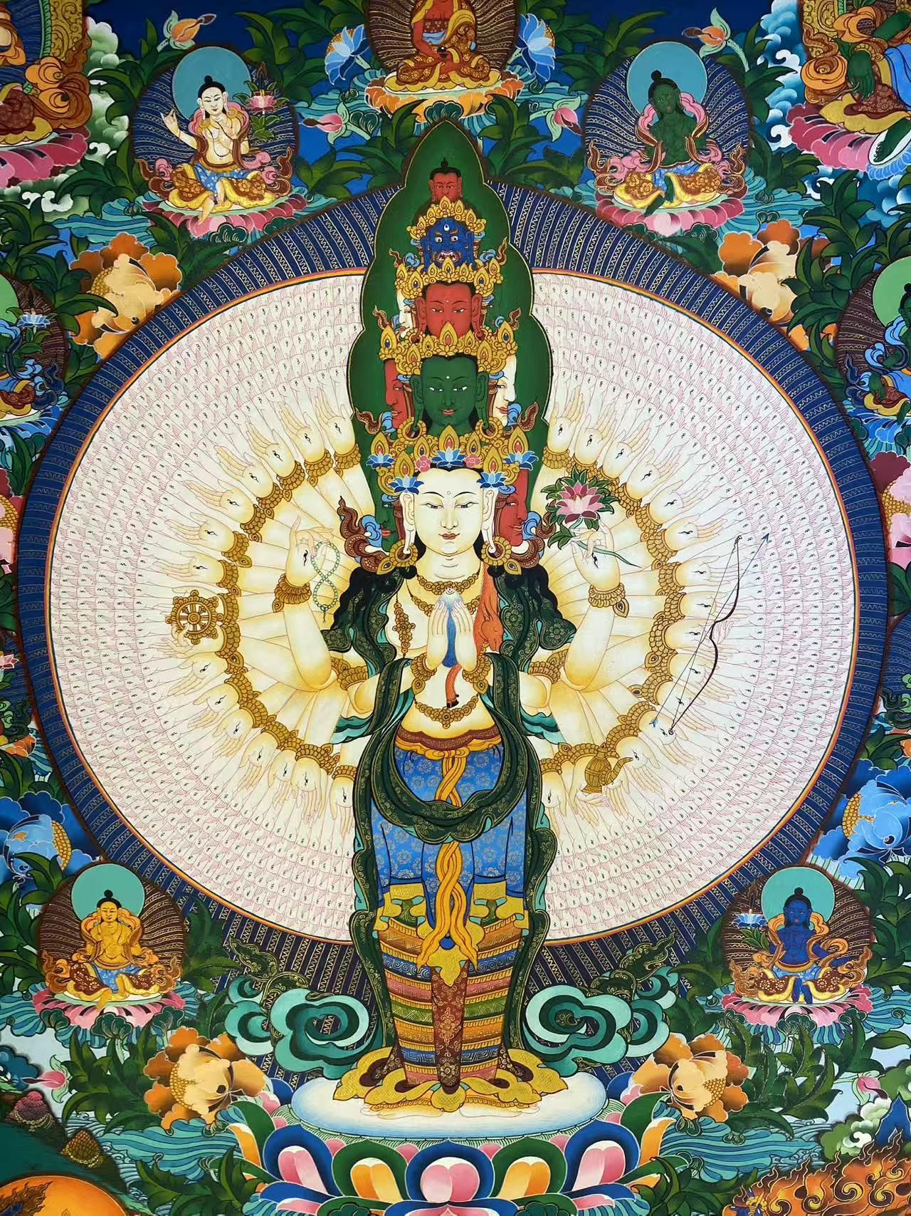 Exquisite Tibetan Buddhist thousand-handed Guanyin thangka, pure hand-painted artwork on canvas, traditional and sacred.