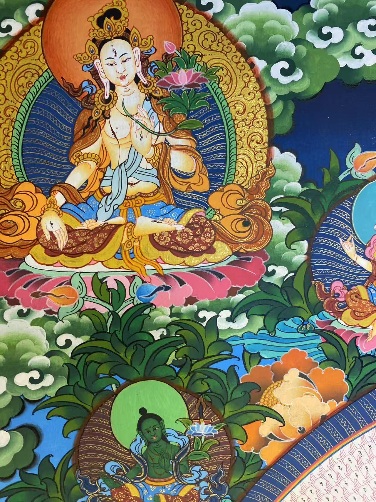 Divine Tibetan Buddhist thousand-arm Guanyin thangka canvas art, hand-painted with pure craftsmanship and spiritual symbolism.