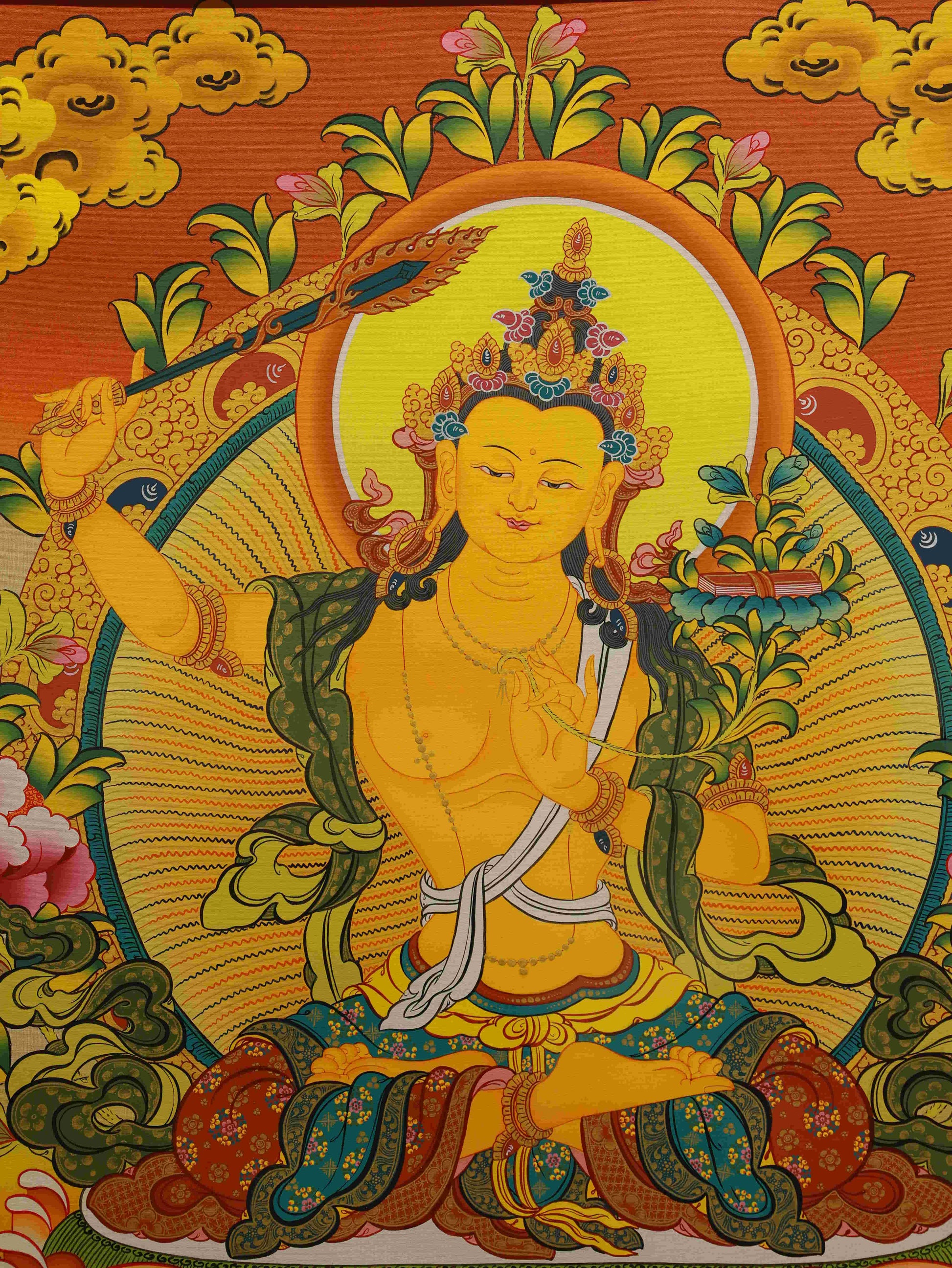 Tibetan Thangka of Manjushri - Handmade with Mineral Colors, Wisdom Bodhisattva