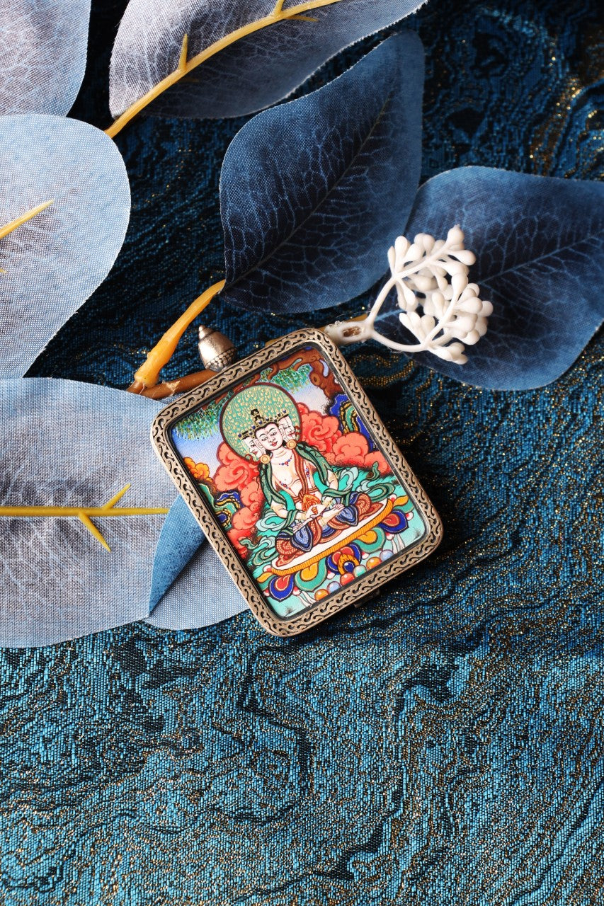 Detailed close-up of the Vairocana Buddha Thangka core, showing the wisdom mudra and the master Lama artist's intricate gold-line details.